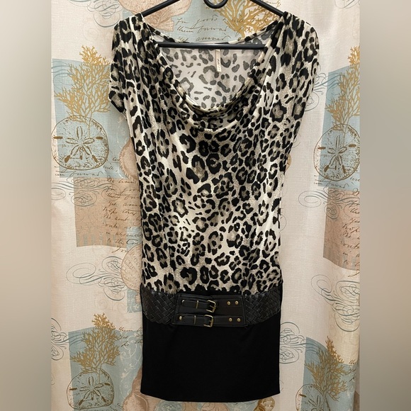 Bella D Vintage Paper Tag 80’s Leppard Print Dress Mini Faux Leather Womens Med - Picture 1 of 7